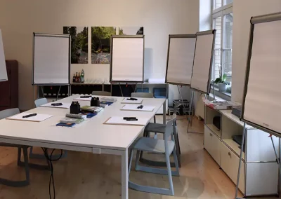 vorbereiteter Seminarraum der SRP Werkbank mit Flipcharts um eine Tischgruppe herum